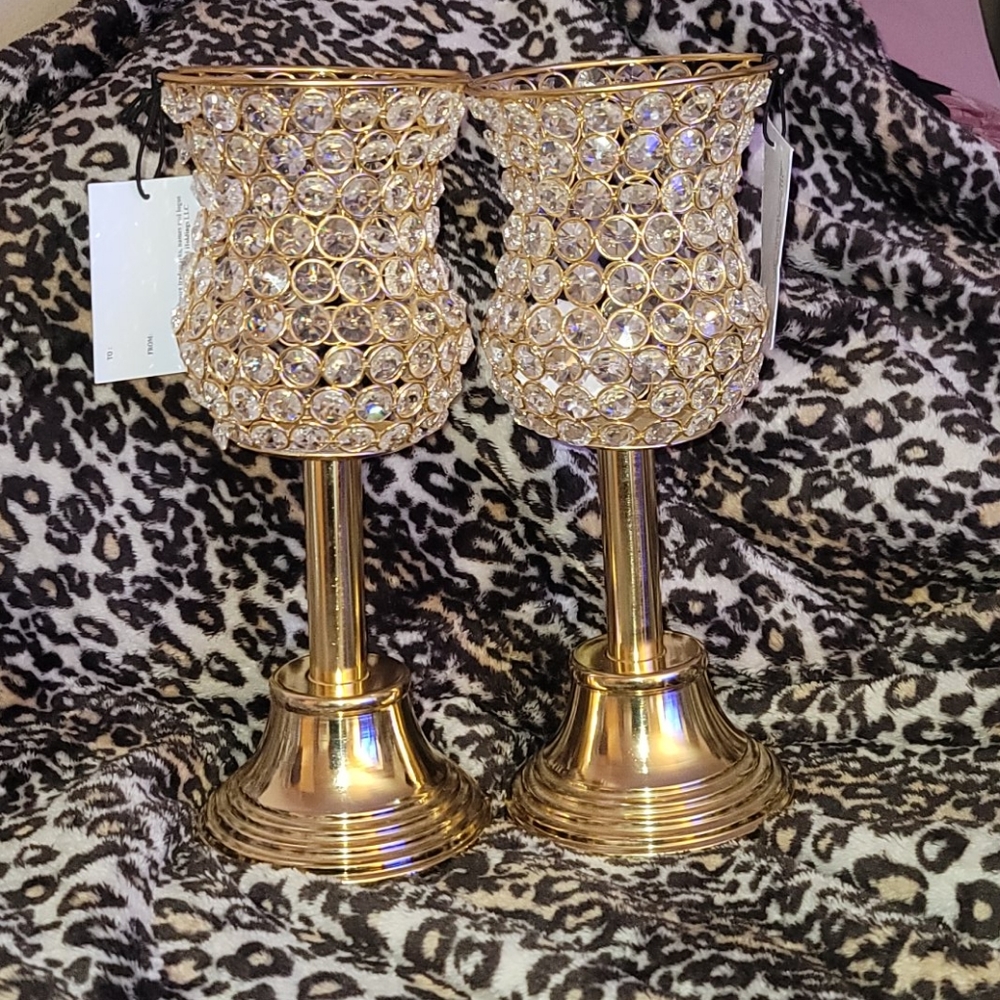 Set of 2 13"×5" gold crystal candle holders